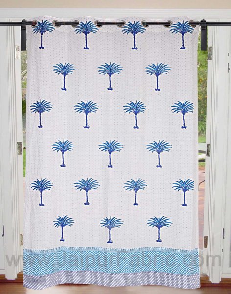 Sky Blue Palm Polka Cotton Grommet Curtain