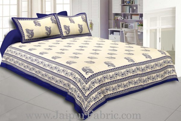 Blue Border Cream Base Blue Paisley Print Cotton Double Bed Sheet