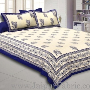 Blue Border Cream Base Blue Paisley Print Cotton Double Bed Sheet