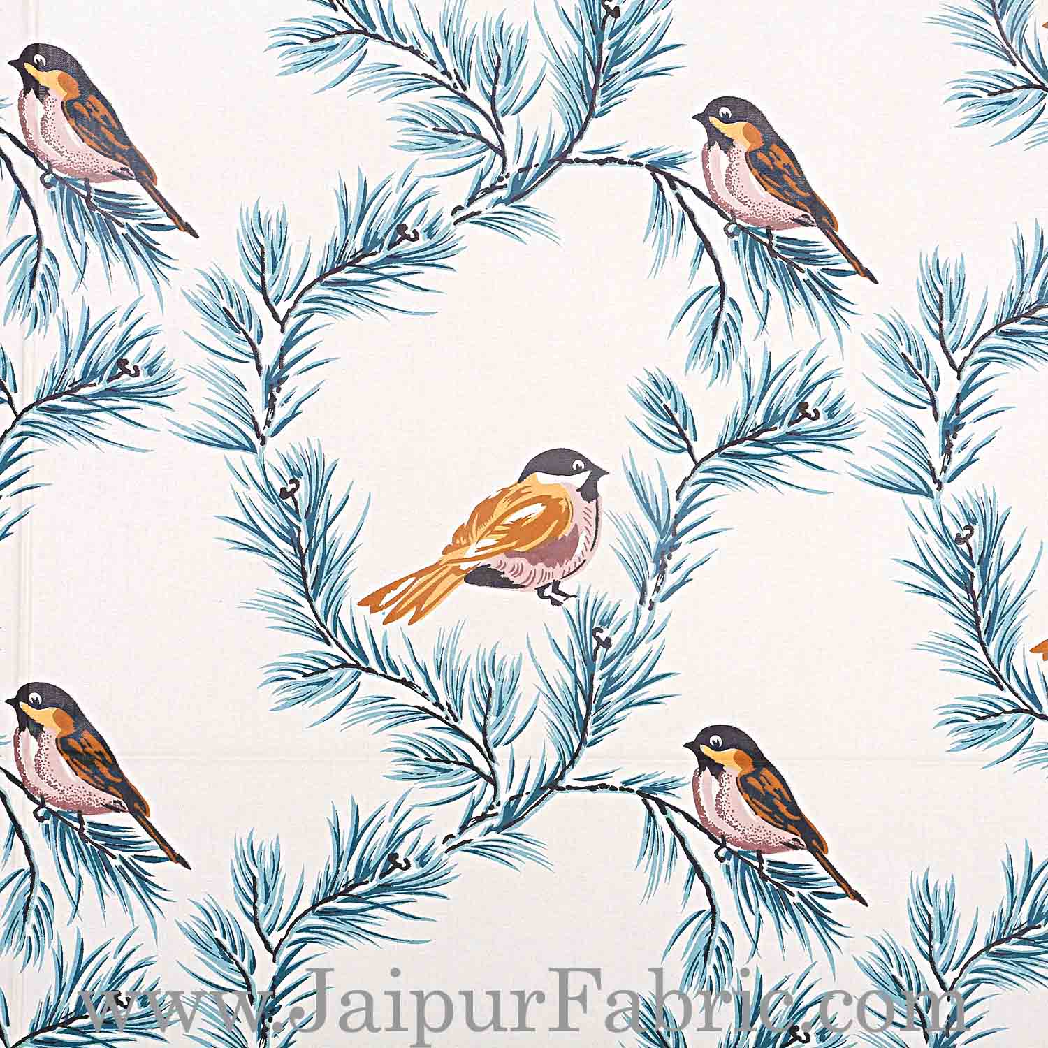 Pure Cotton 240 TC Double bedsheet indian bird print blue