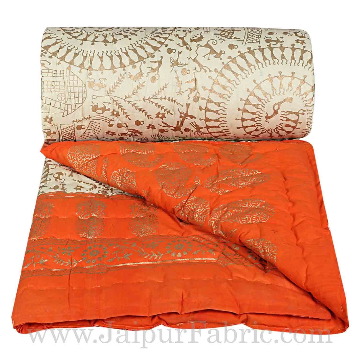 Jaipuri Single Razai with Orange Aadimanav pattern Golden Print