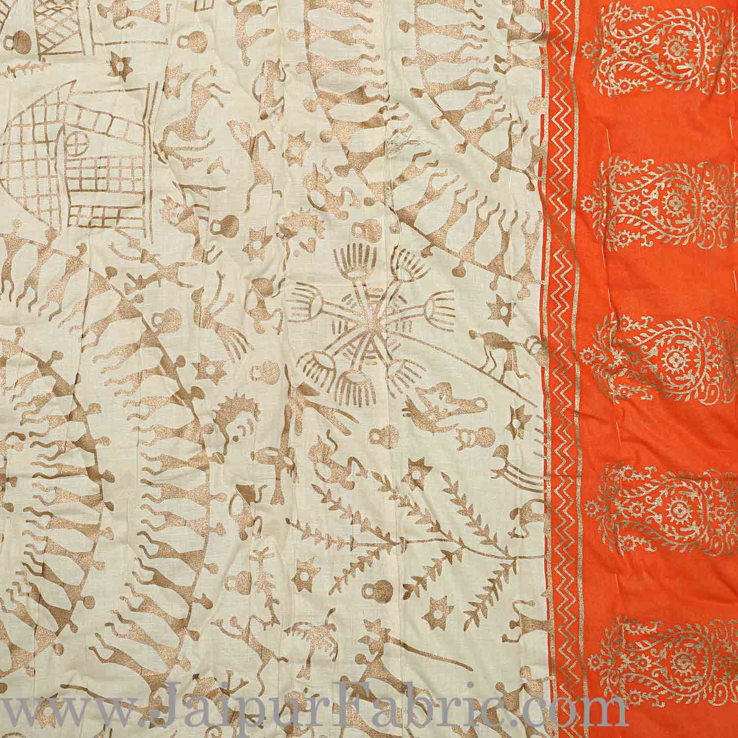 Jaipuri Single Razai with Orange Aadimanav pattern Golden Print