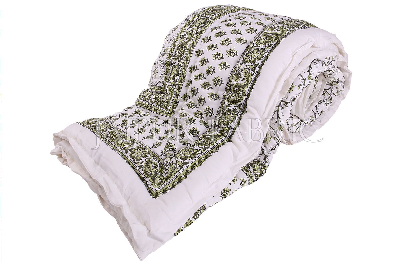 White Base Olive Tropical Print Cotton Double Bed Quilt