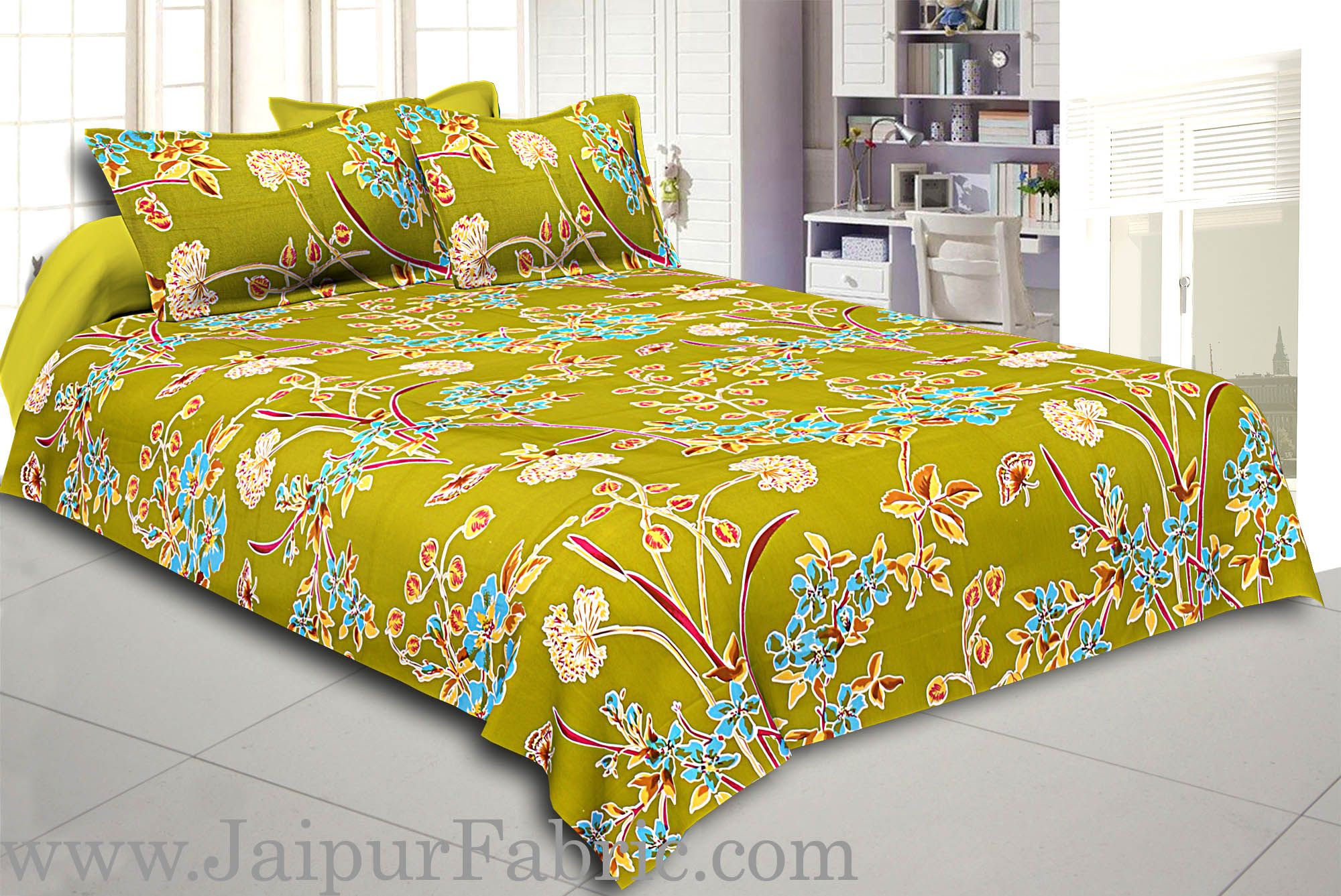 Green Base Tropical Butterfly Design Double Bed Sheet