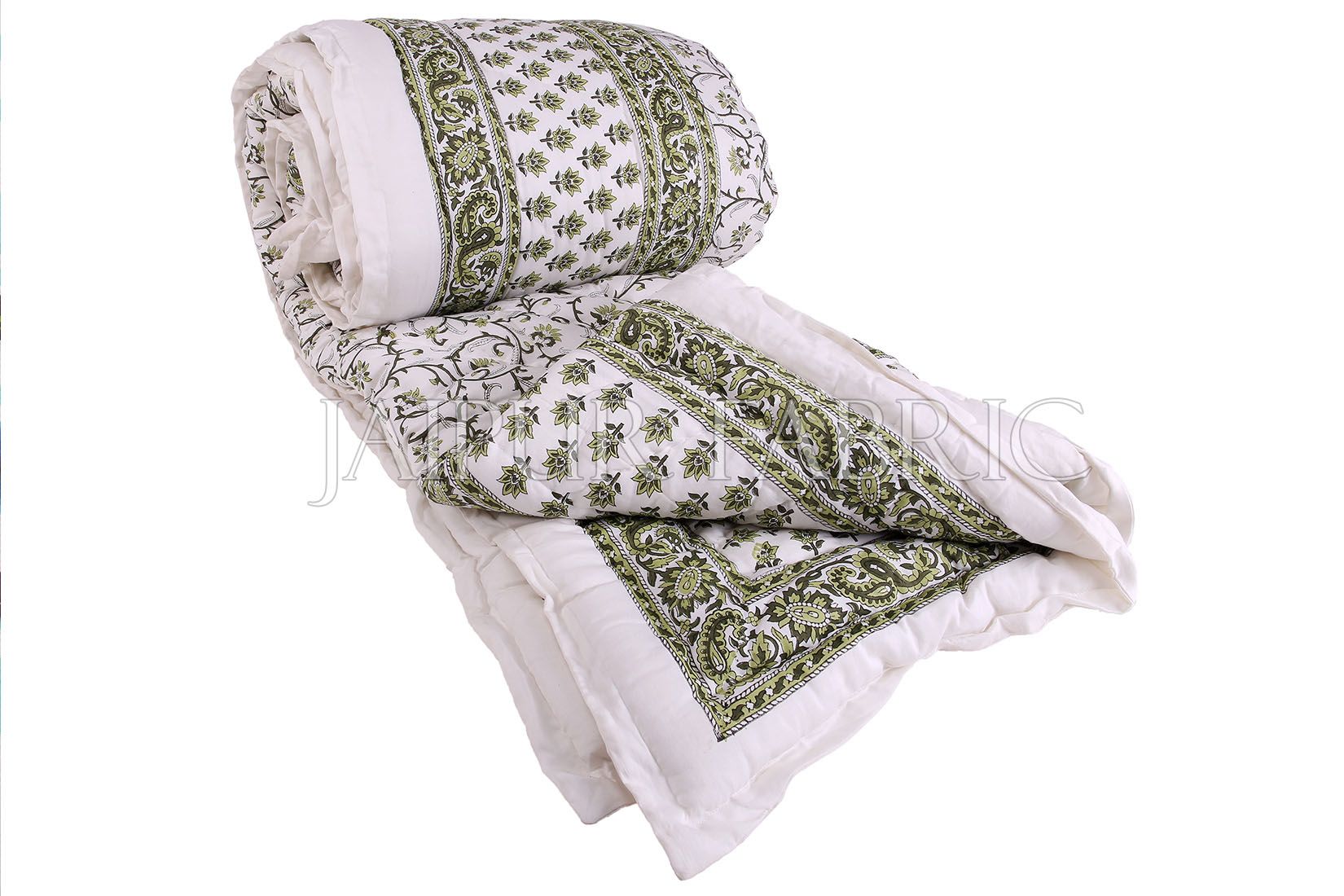White Base Olive Tropical Print Cotton Double Bed Quilt