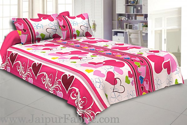 White Base Pink Heart Floral Print Double Bed Sheet
