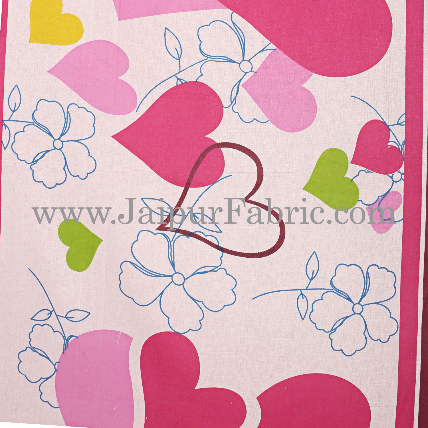 White Base Pink Heart Floral Print Double Bed Sheet