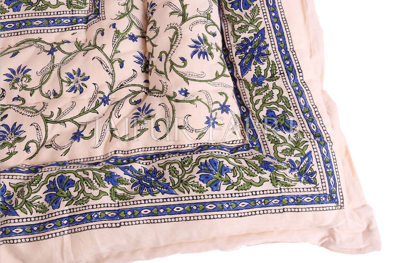 Beige Base Blue Floral Print Cotton Double Bed Quilt