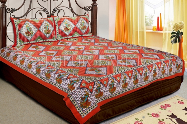 Red and Orange Border With Beige Color Design Double Cotton Bed Sheet