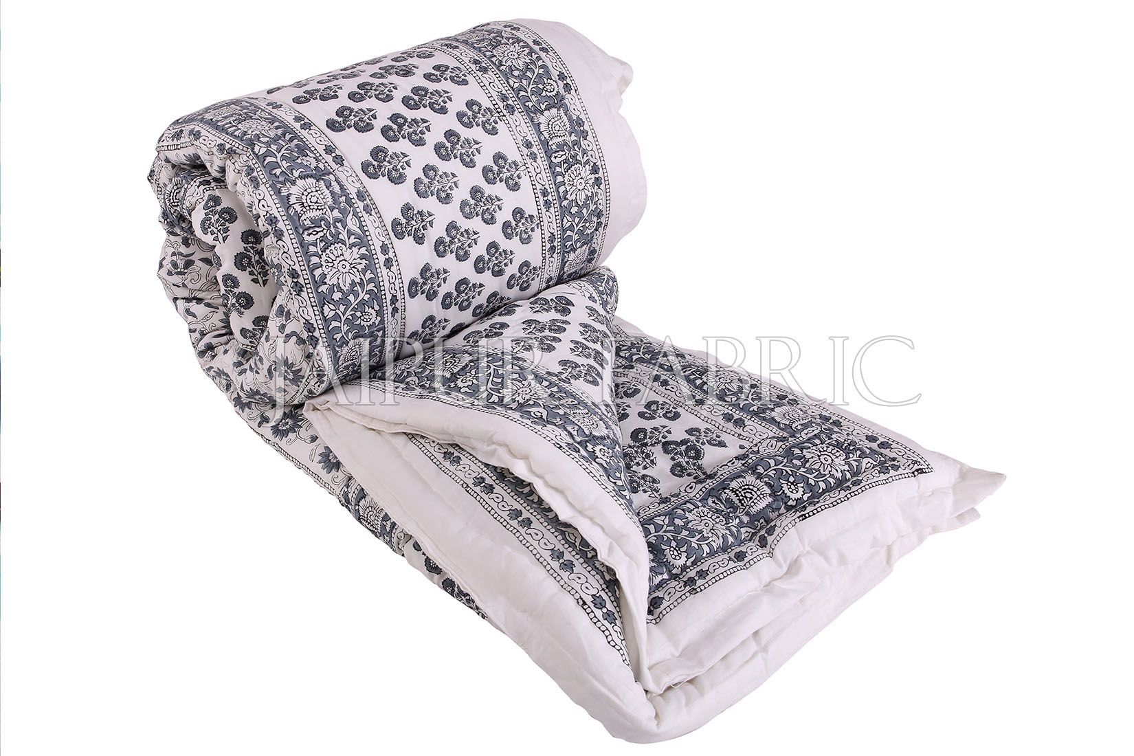 White Base Gray Floral Print Cotton Double Bed Quilt