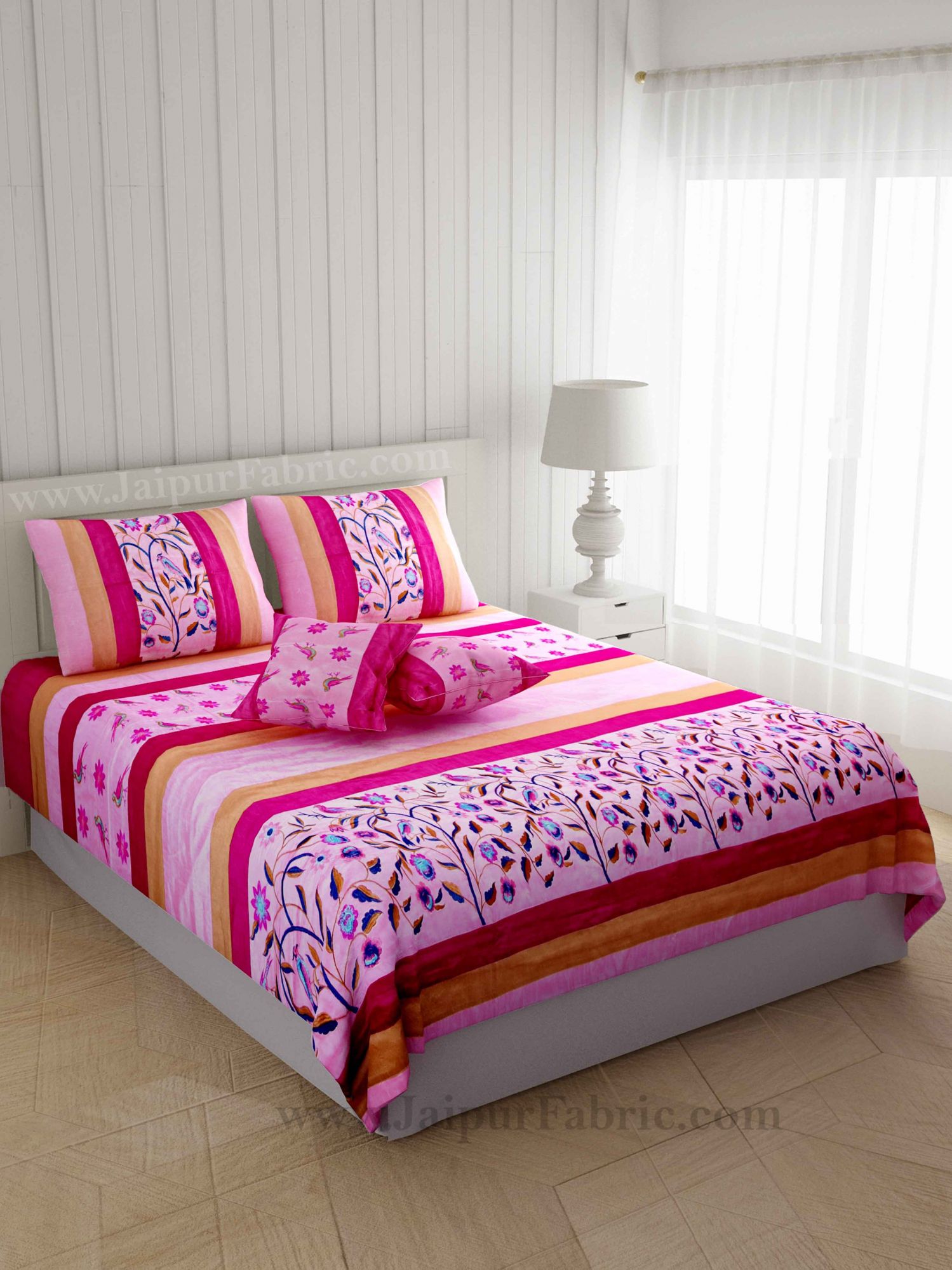 Royal Thread-work Nature Pink Silk Double Bed Cover