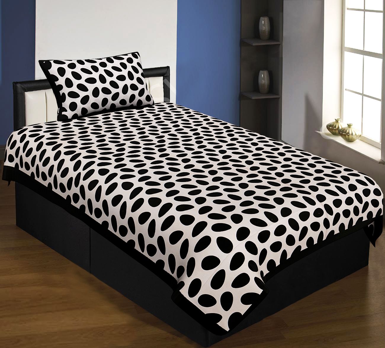 Black Border White Base Cow Print Cotton Single Bed Sheet with Pillow cover
