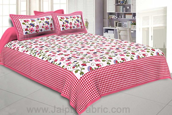 Floral Double Bedsheet Pink Color Checkred Border With 2 Pillow Covers