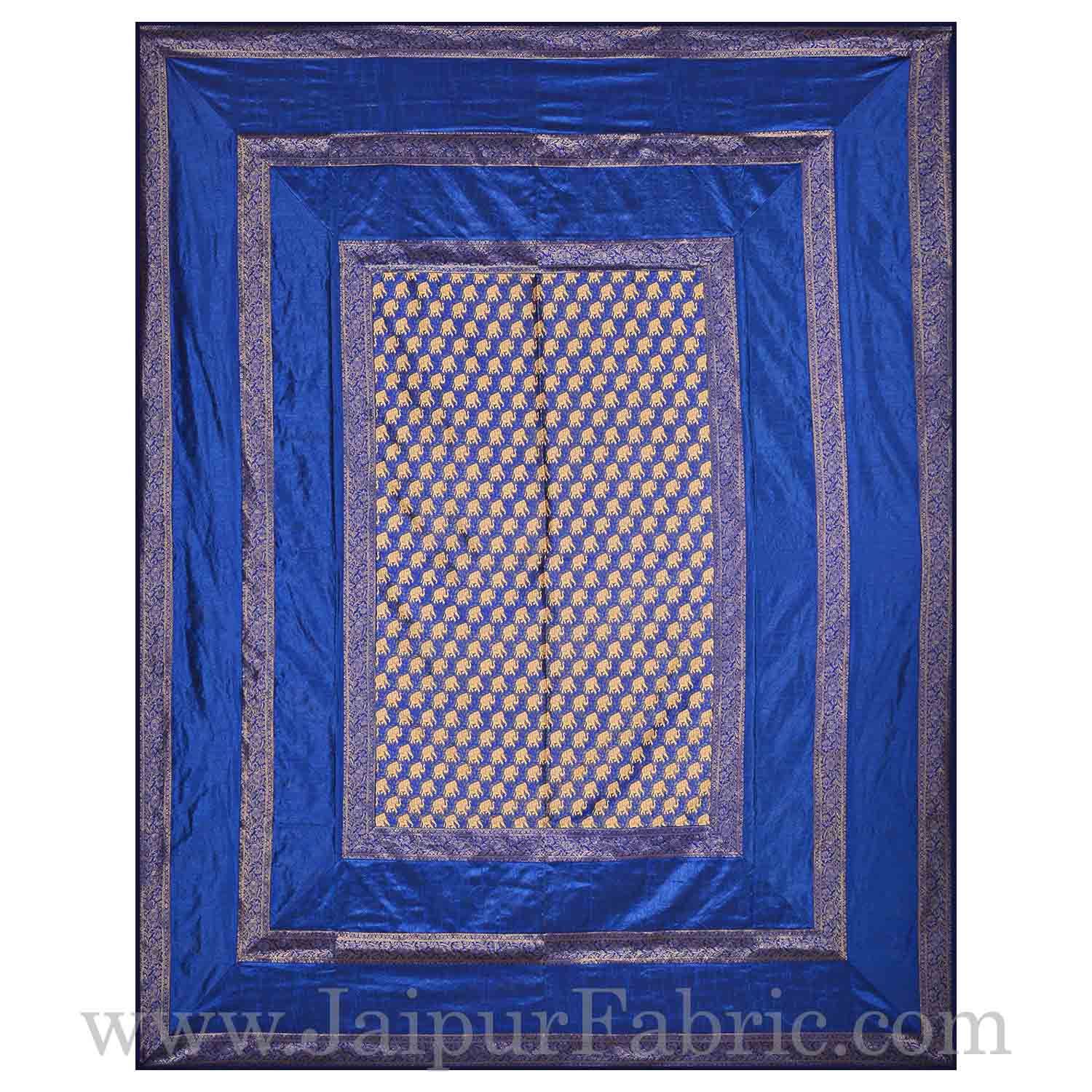 Blue Rajasthani Zari Embroidered Lace Elephant Thread Work Silk Double Bed Sheet