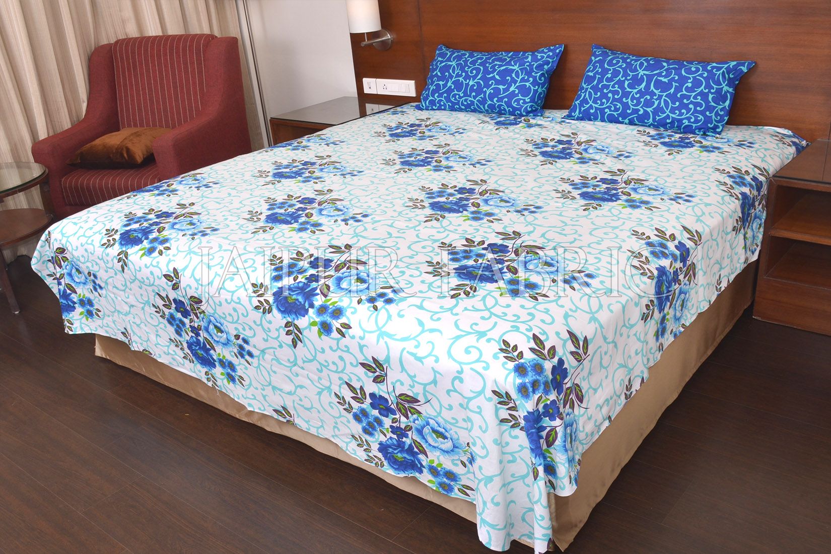 Blue Leaf Print Cotton Double Bed Sheet
