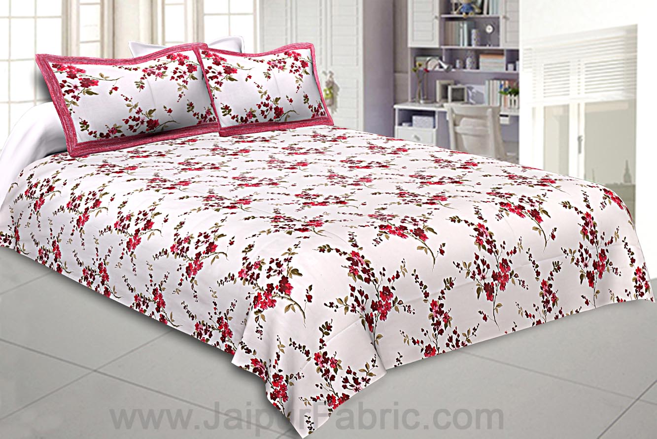 COMBO68 Pink Floral Design 1 Cotton Double Bedsheet + 1 Dohar Combo