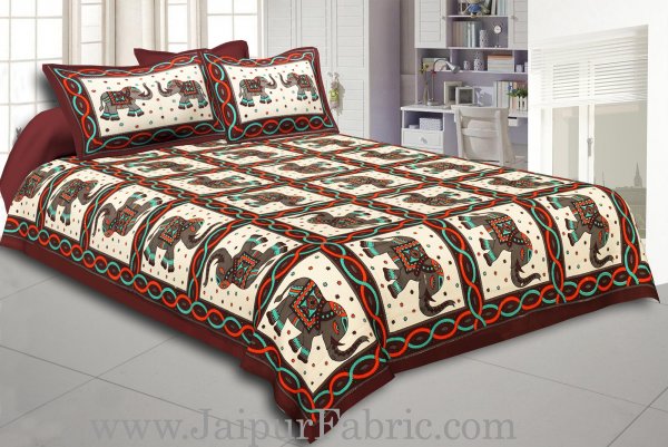 Dark Coffee Border Elephant Design Pure Cotton Double Bedsheet With Pillow Cover