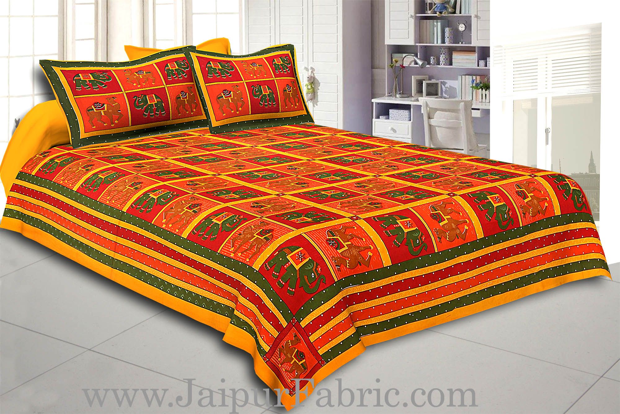 Yellow  Lining And Dotted Border Camel And Elephant Print In Sqare Pattern Cotton Double Bed Sheet
