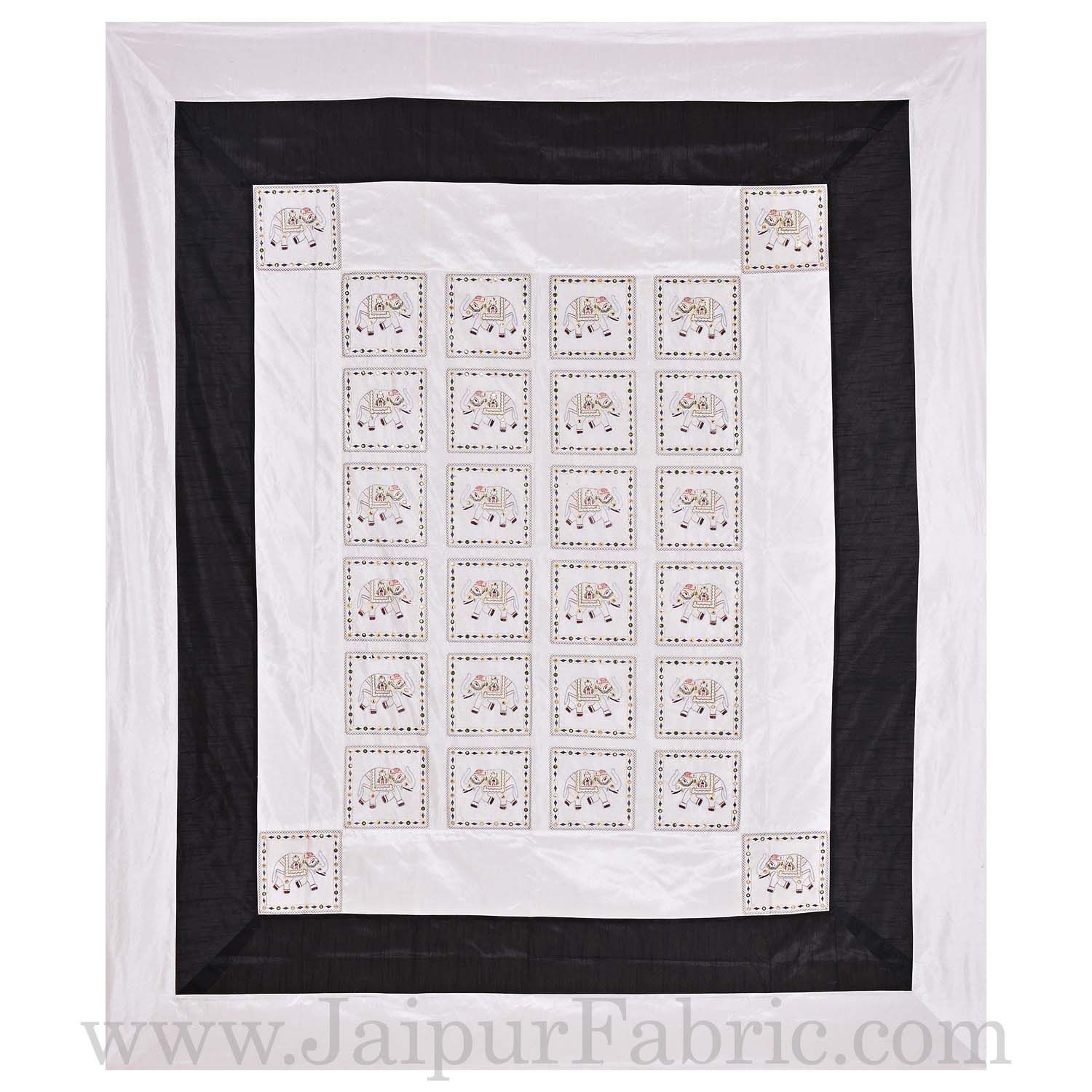 Black and White Elephant Thread And Mirror Work and Rajasthani Zari Work Double Bed Sheet