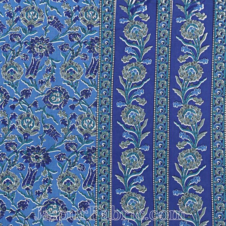 Double Bedsheet Azure Blue Floral Bud Jaal Print With 2 Pillow Covers