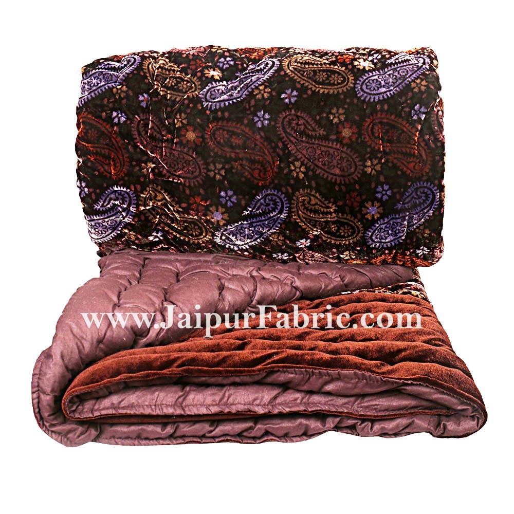 Velvet Cloth Double Bed Quilt Jaipuri Razai Paisley Brown Shaneel Rajai by Jaipur Fabric