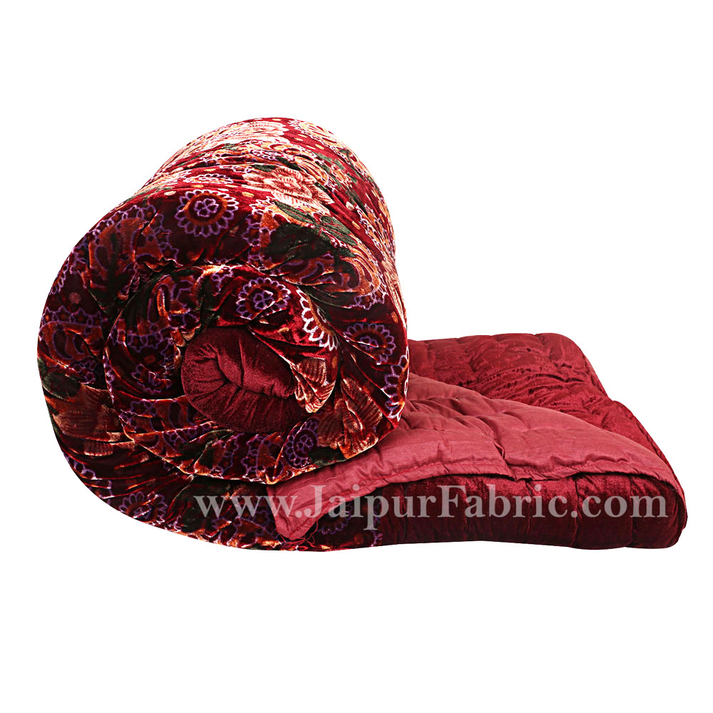 Velvet Cloth Double Bed Quilt Jaipuri Razai Dark Maroon Shaneel Rajai by Jaipur Fabric