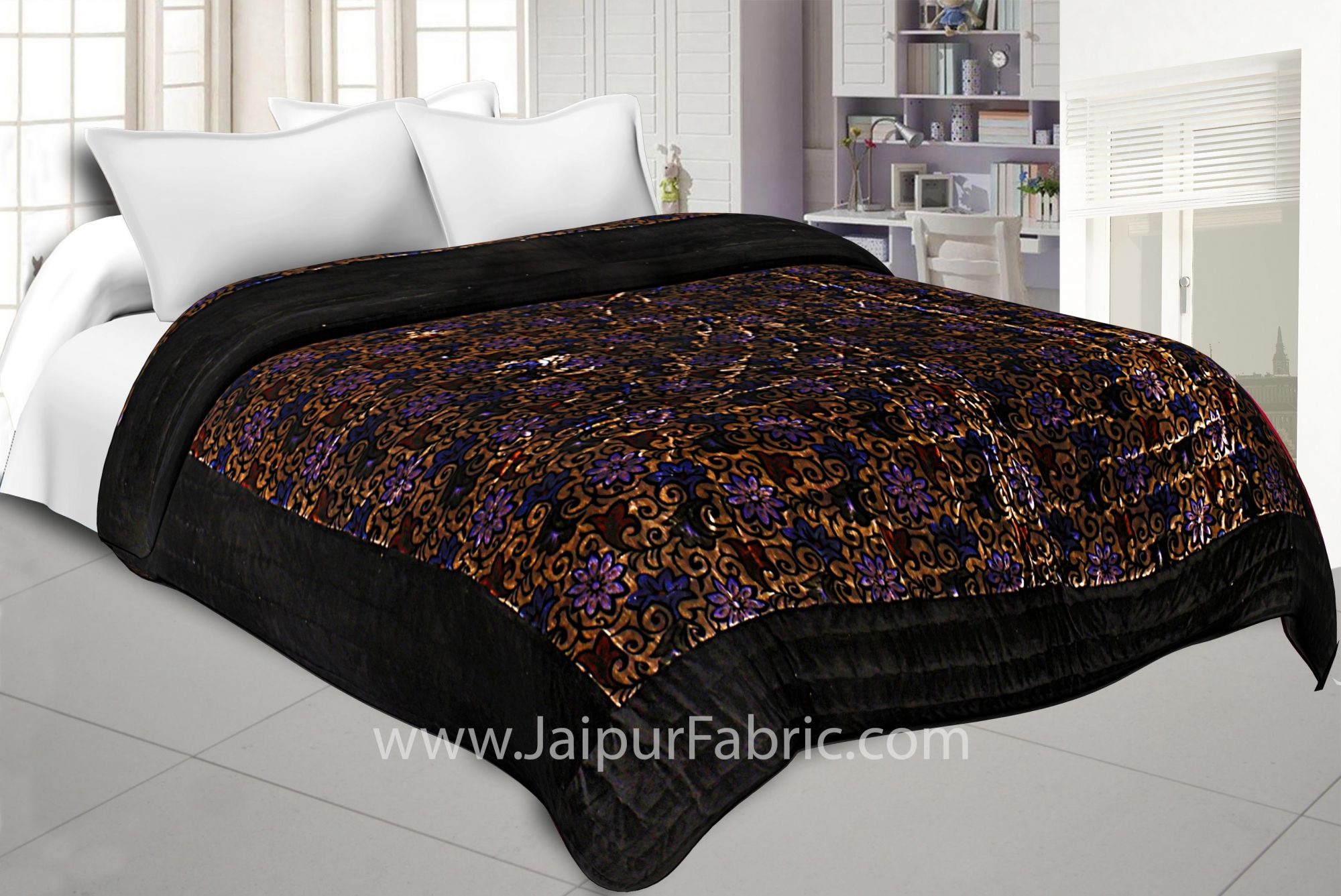 Velvet Cloth Double Bed Quilt Jaipuri Razai Floral Brown Shaneel Rajai by Jaipur Fabric