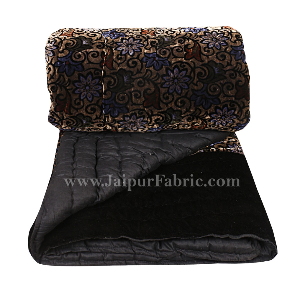 Velvet Cloth Single Bed Quilt Jaipuri Razai Floral Brown Shaneel Rajai by Jaipur Fabric