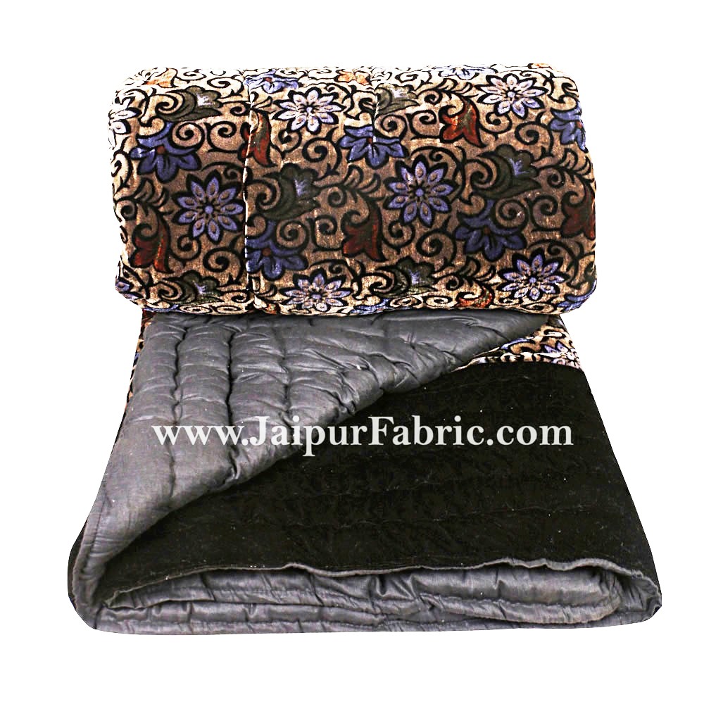 Velvet Cloth Double Bed Quilt Jaipuri Razai Floral Brown Shaneel Rajai by Jaipur Fabric