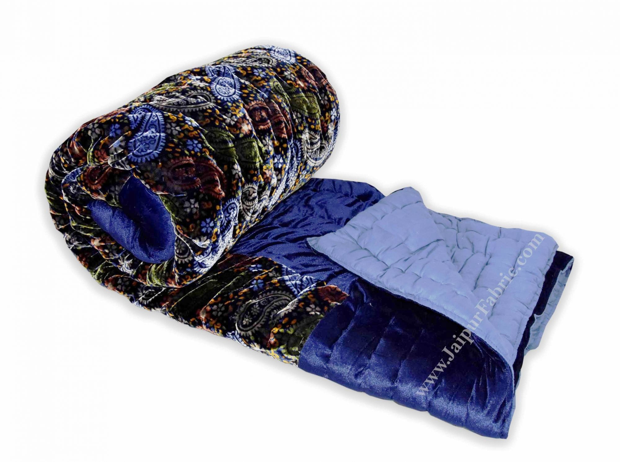 Velvet Cloth Double Bed Quilt Jaipuri Razai blue Shaneel Rajai by Jaipur Fabric