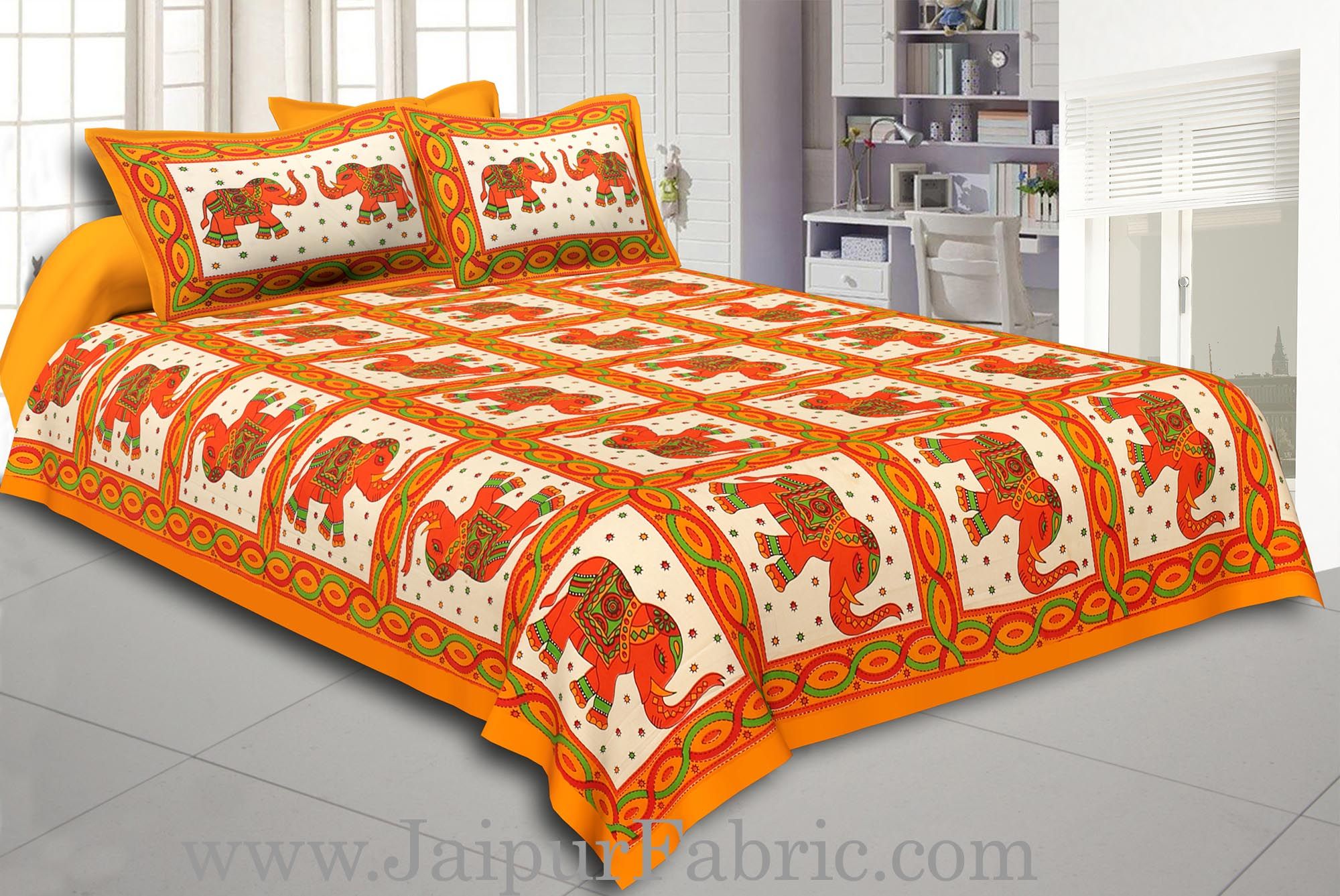 Yellow Border Elephant Design Pure Cotton Double Bedsheet With Pillow Cover