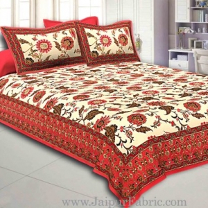 Red Border Multi Floral Golden Print Fine Cotton Double Bedsheet With Two Pillow