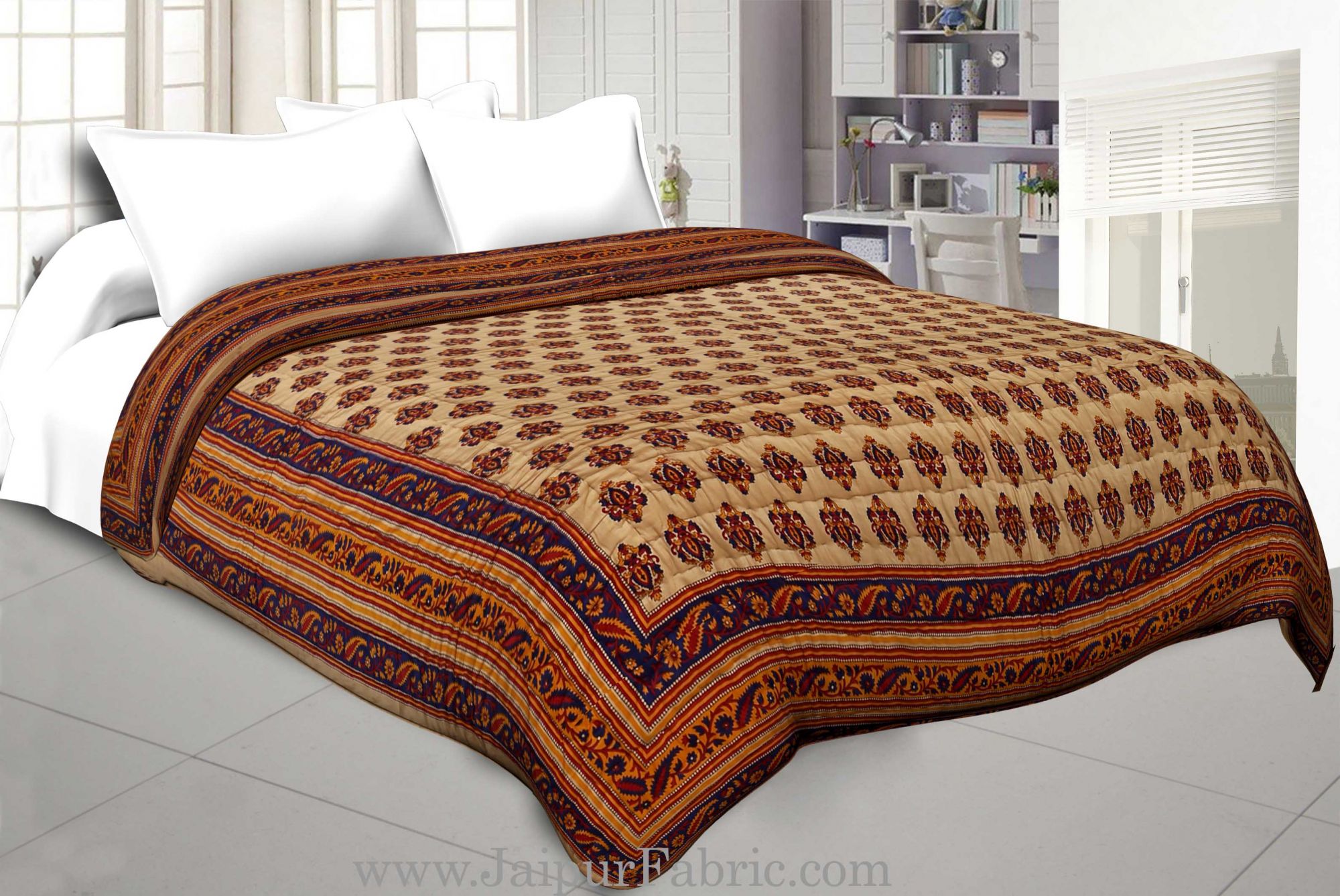Navy Blue And Light Brown Base   Bel Boota Print Both Side Printed Cotton Double Quilt