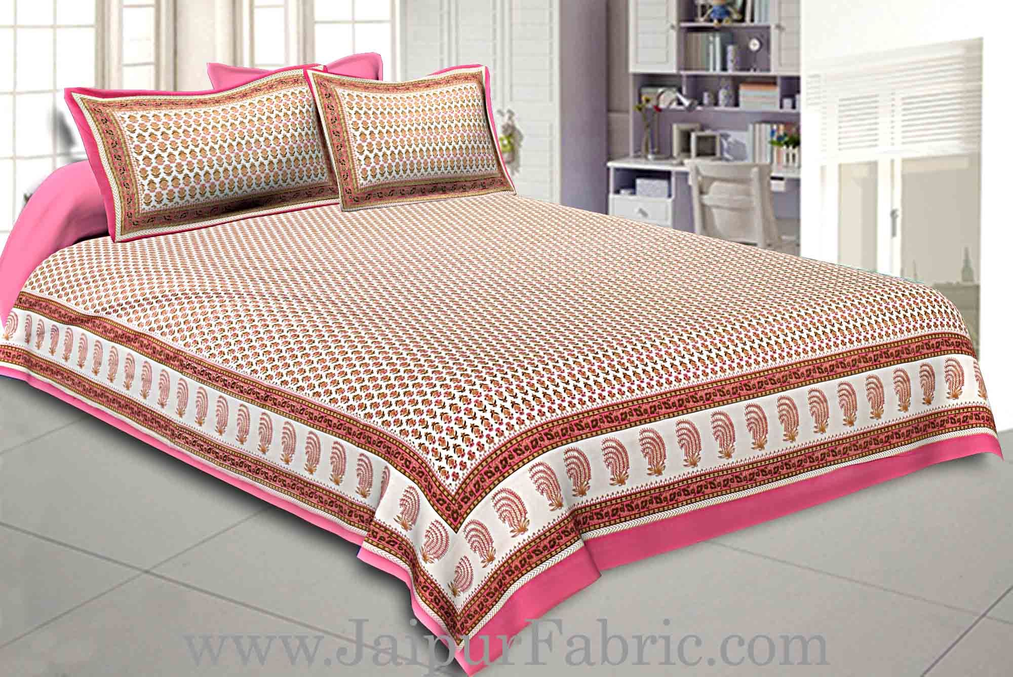 Double Bedsheet Rose Pink Seamless Geometric Floral Gold Print With 2 Pillow Covers