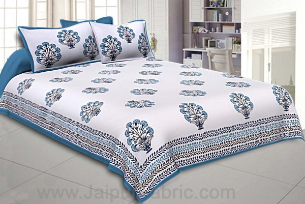 Double bedsheet Carolina Blue Flower Bunch Hand Block  Print
