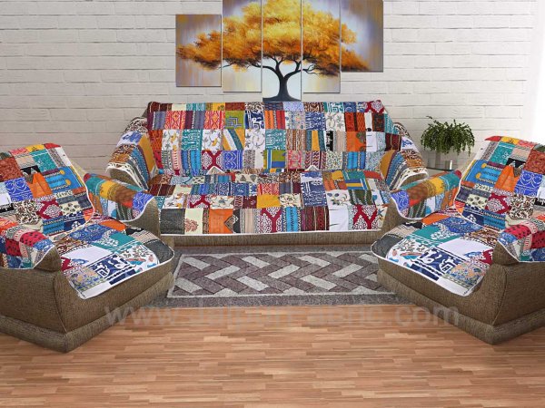 Mix Tukdi Superfine Cotton Golden Multi Patchwork Sofa Set Cover
