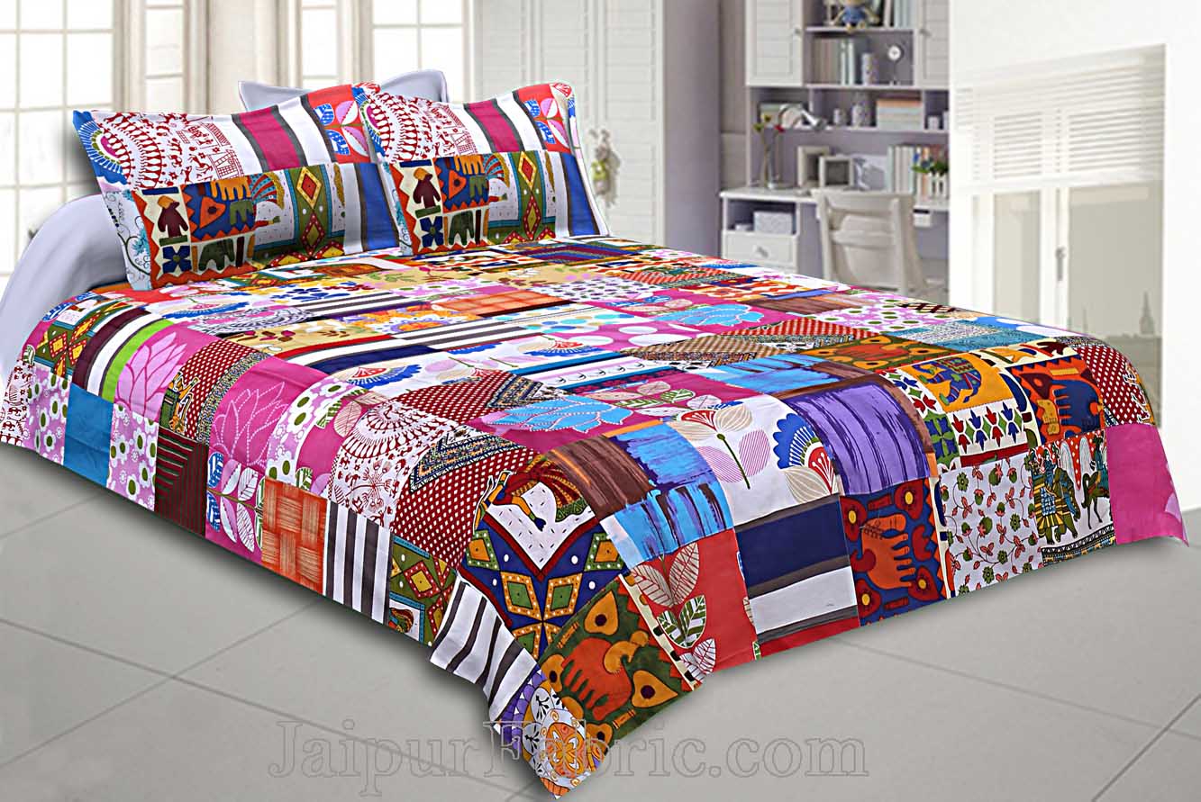 Mix  Small Tukdi Double Bedsheet With 2 Pillow Cover
