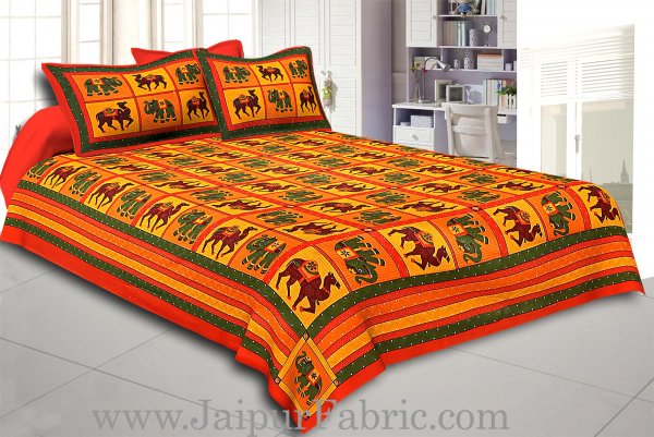 Orange  Lining And Dotted Border Camel And Elephant Print In Square Pattern Cotton Double Bed Sheet