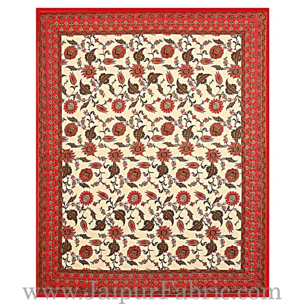 Red Border Multi Floral Golden Print Fine Cotton Double Bedsheet With Two Pillow