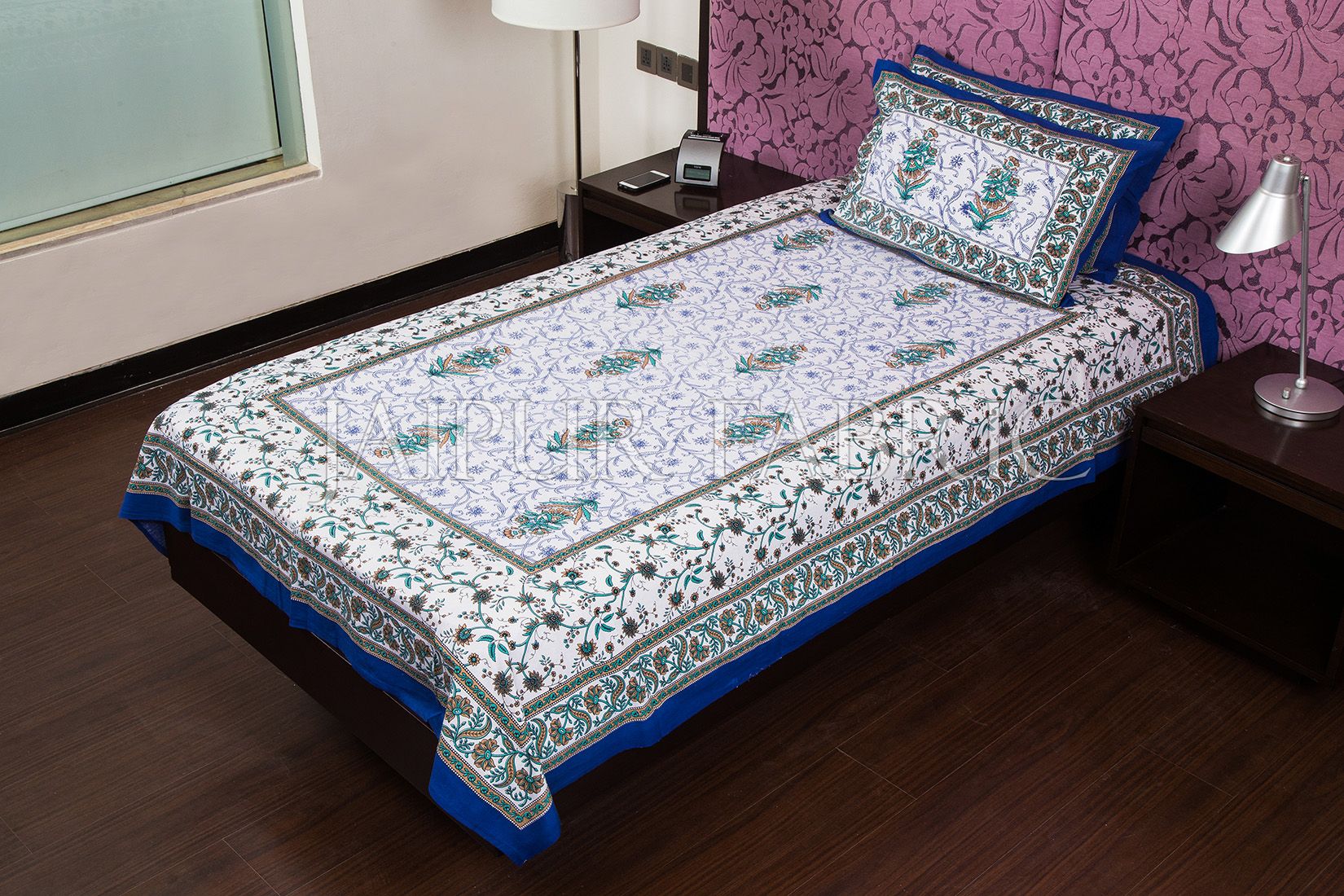 Blue Floral Print Cotton Single Bed Sheet