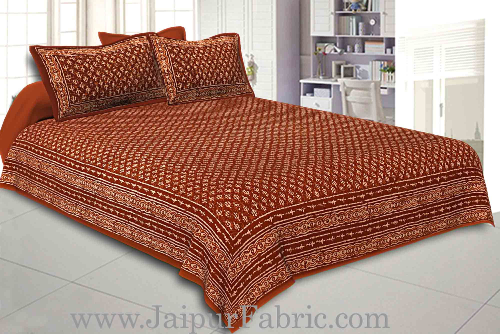 Double Bedsheet Brown Border Small Leaf Print With Two Pillow Cover
