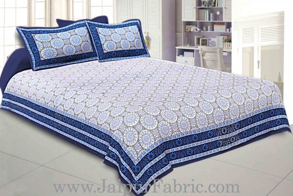 Double Bedsheet Navy Blue Border Small Rangoli Print With Two Pillow Cover