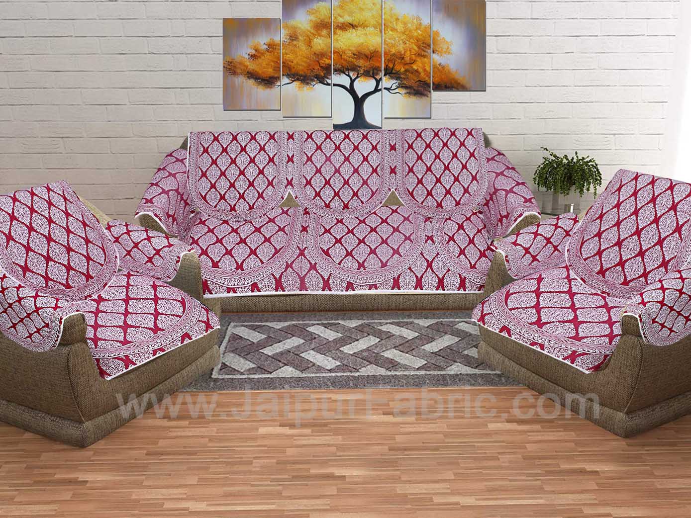 Maroon Superfine Cotton Block Print Sofa Set Cover