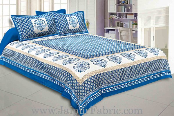 Double Bedsheet Royal Blue Geometric Floral Gold Print With 2 Pillow Covers