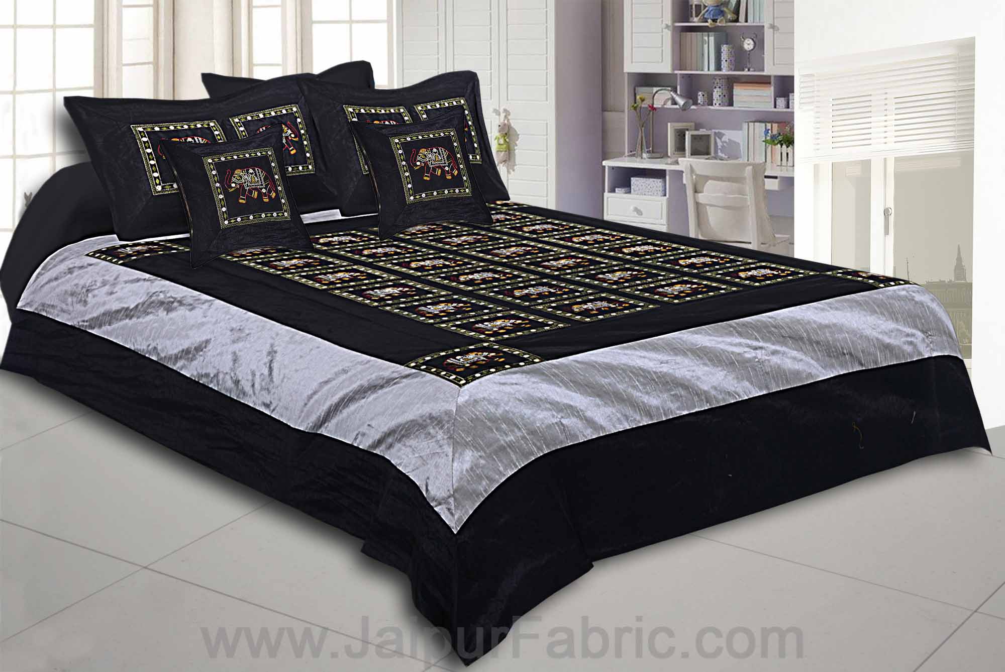 Black Elephant Zari Embroidered and Mirror Work Silk Double Bed Sheet
