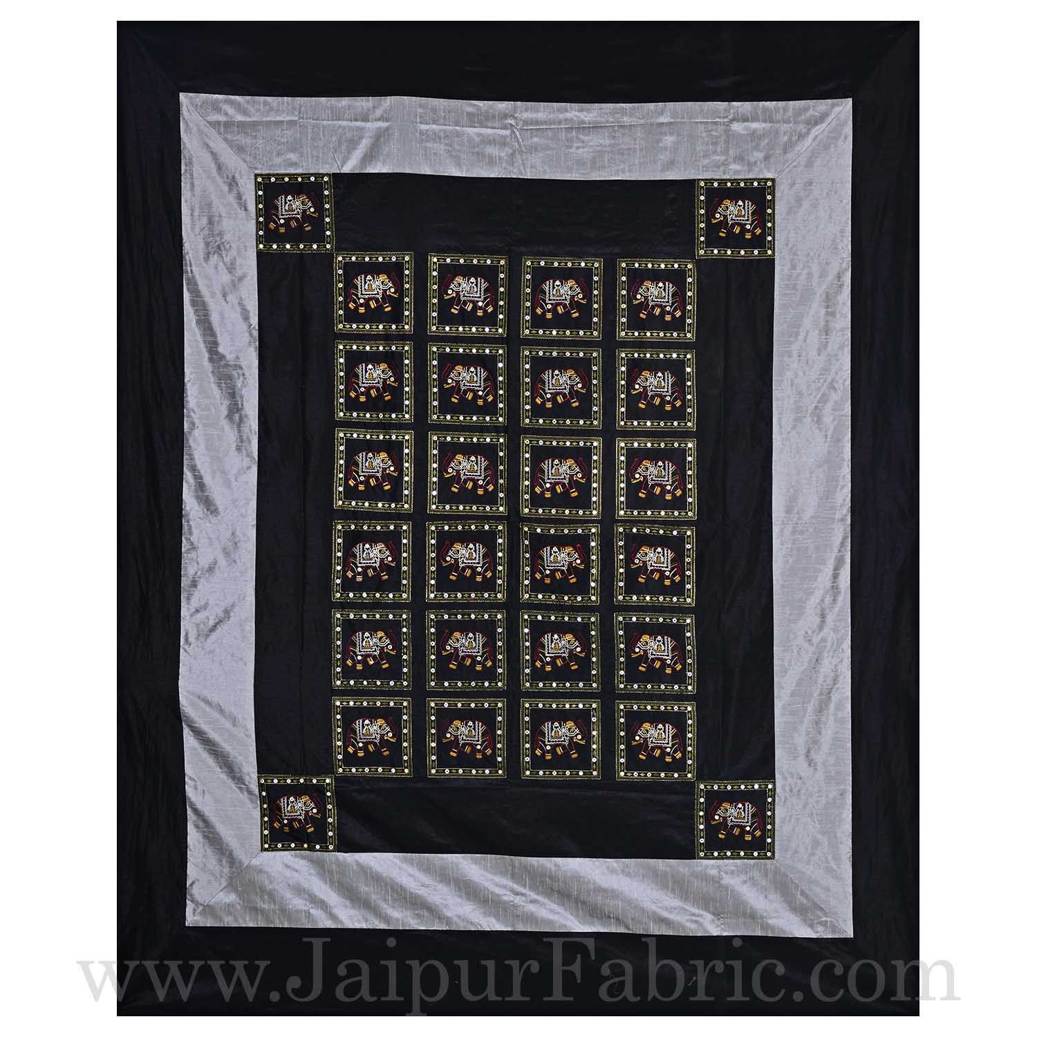 Black Elephant Zari Embroidered and Mirror Work Silk Double Bed Sheet