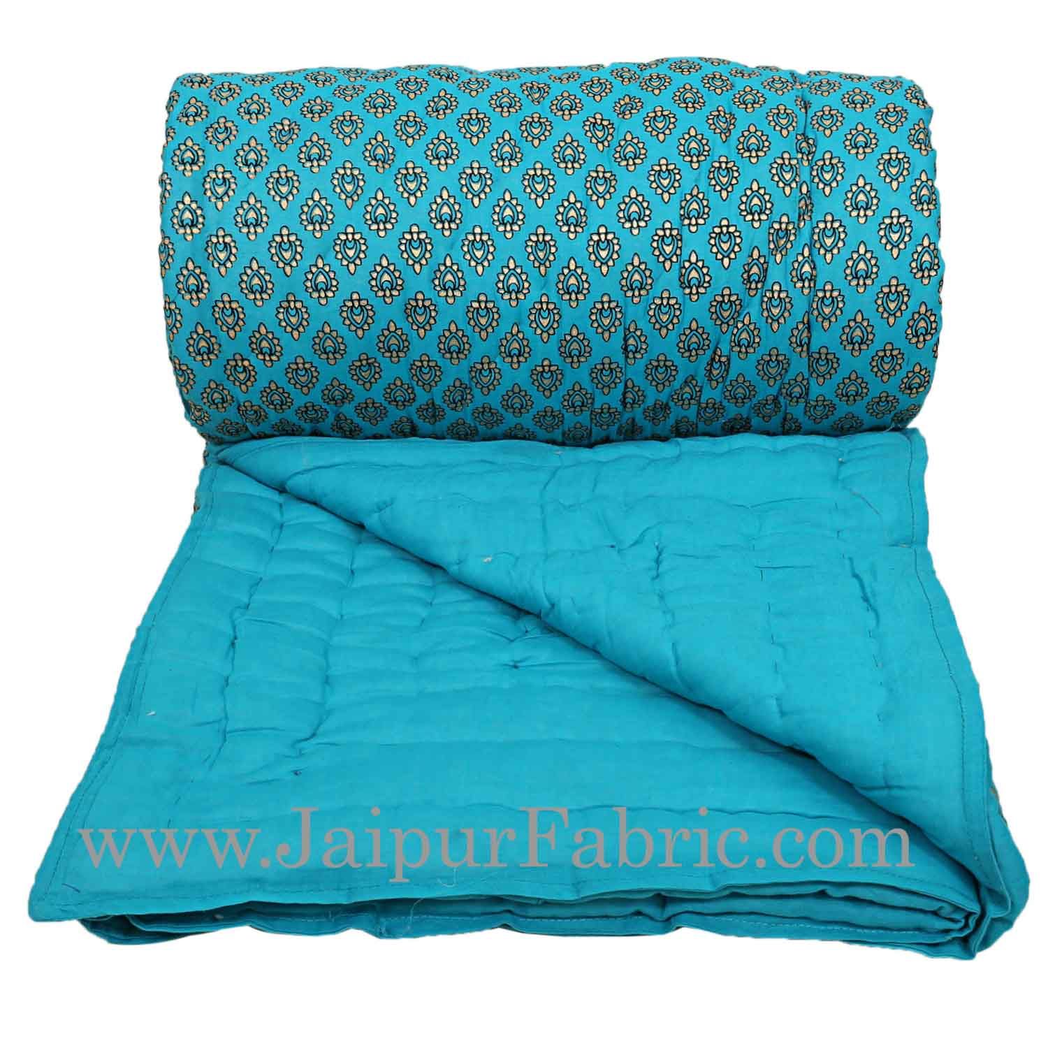 Jaipuri Double Quilt/Razai Turquoise Color Golden Print