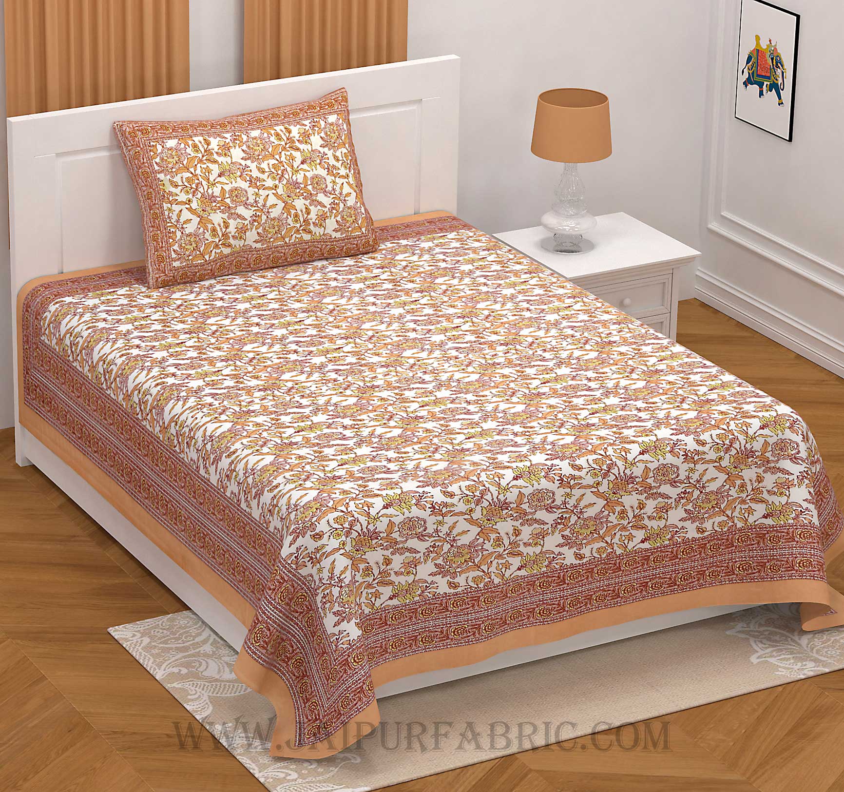 COMBO367 Beautiful Peach Ethnic Combo Set of 1 Single and 1 Double Bedsheet With 3 Pillow Cover