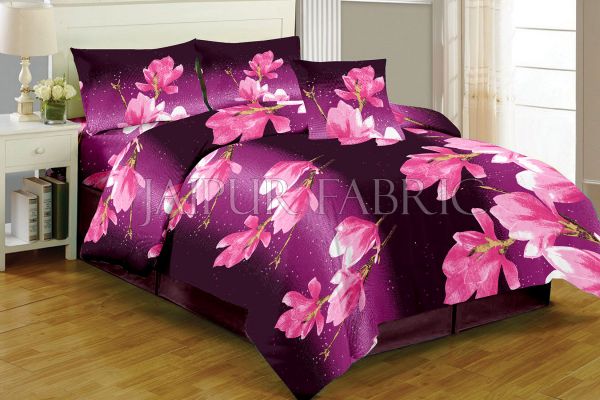 Purple Floral Print Cotton Double Bed Sheet
