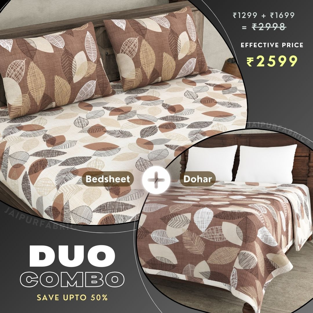 Autumn Fall Brown and Off White Dohar and Bedsheet Combo